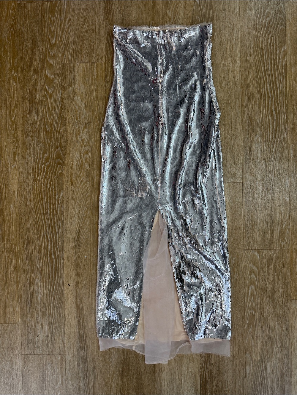Zara Strapless Silver Metallic Sequin Midi Tube Dress Size Small - Picture 9 of 12